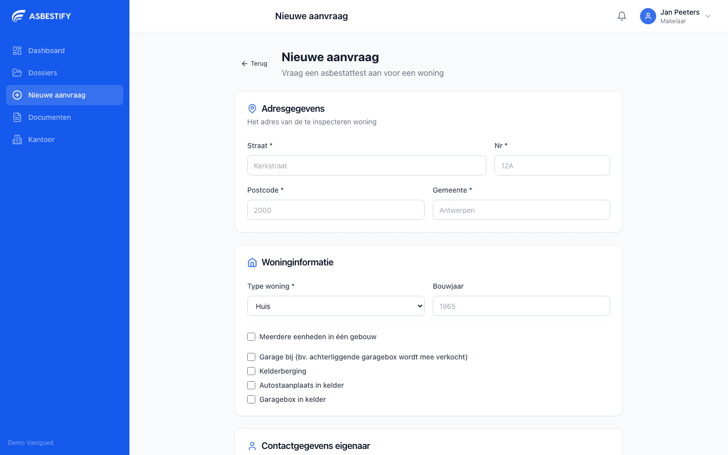 Aanvraagformulier voor nieuw asbestattest met adres, woninginformatie en contactgegevens
